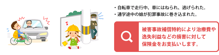 被害事故補償特約が治療費や逸失利益などの損害に対して保険金をお支払いします。