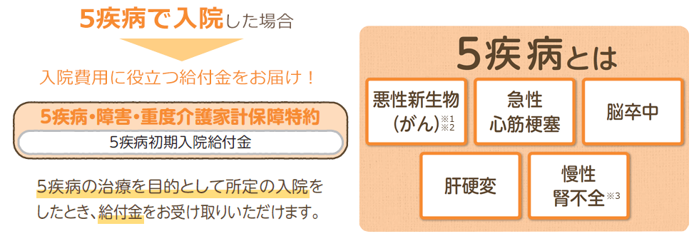 5疾病で入院した場合入院費用に役立つ給付金をお届け!「5疾病・障害・重度介護家計保障特約」5疾病の治療を目的として所定の入院をしたとき、給付金をお受け取りいただけます。5疾病とは、「悪性新生物(がん)」、「急性心筋梗塞」、「脳卒中」、「肝硬変」、「慢性腎不全」のことを指します。