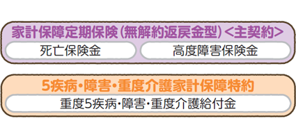 「家計保障定期保険(無解約返戻金型)<主契約>」「5疾病・障害・重度介護家計保障特約」
