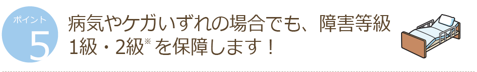 ポイント5 病気やケガいずれの場合でも、障害等級1級・2級を保障します!