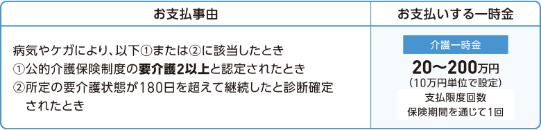 お支払事由とお支払いする一時金の表