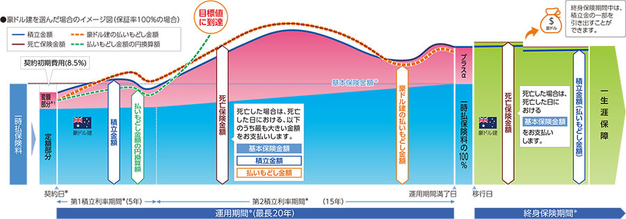 豪ドル建を選んだ場合のイメージ図(保証率100%の場合)