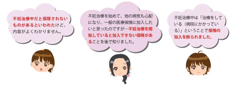 不妊治療をされている方からの声「不妊治療中だと保障されないものがあるといわれたけど、内容がよくわかりません。」「不妊治療を始めて、他の病気も心配になり、一般の医療保険に加入したいと思ったのですが…不妊治療を開始していると加入できない保険があることを後で知りました。」「不妊治療中は「治療をしている（病院にかかっている）」ということで保険の加入を断られました。」