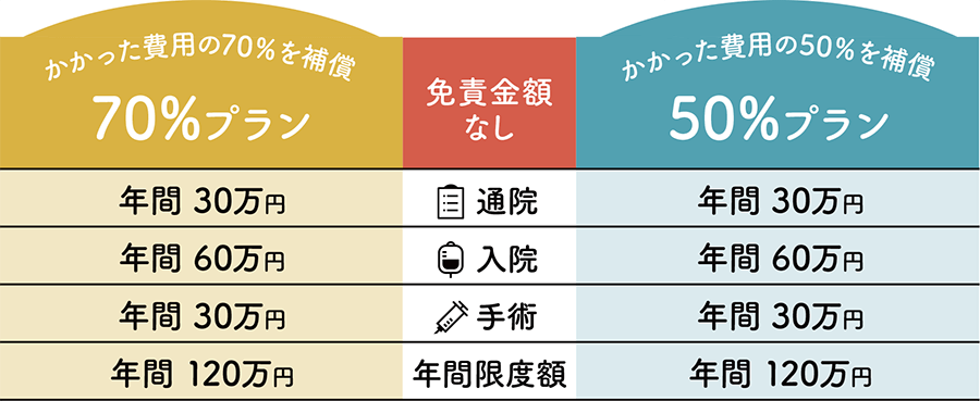 補償プラン毎のお支払限度額対象の表