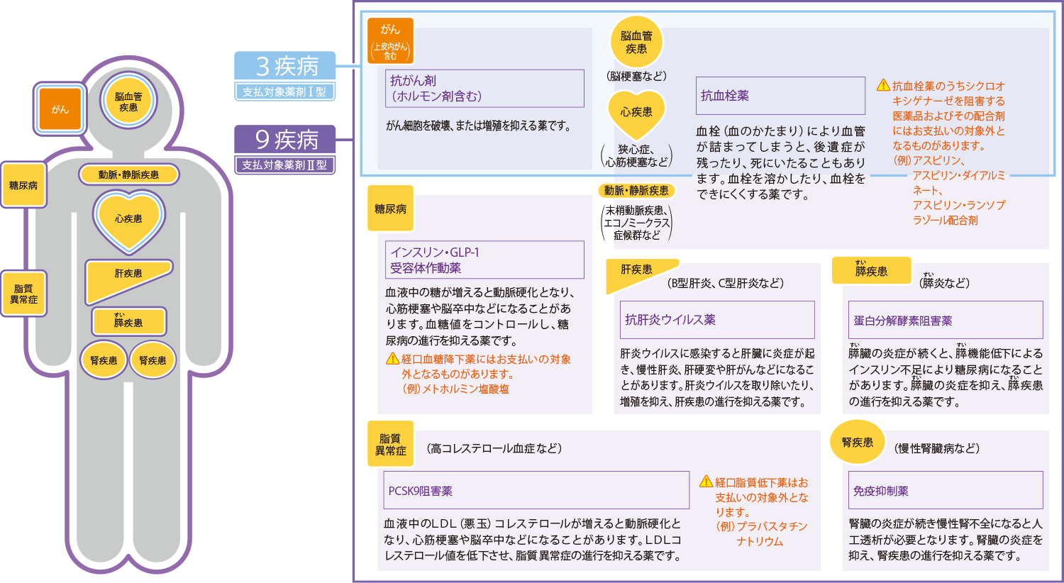 主契約の対象疾病と支払対象薬剤の図