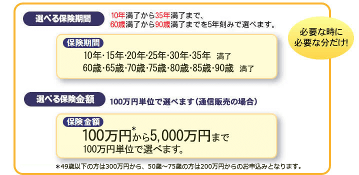 10年満了から35年満了まで、60歳満了から90歳満了までを5年刻みで選べます。