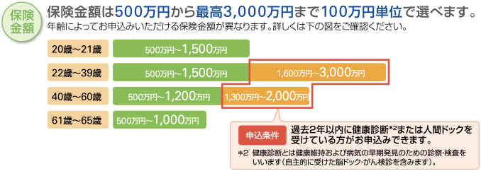 保険金額は500万円から最高3,000万円まで100万円単位で選べます。