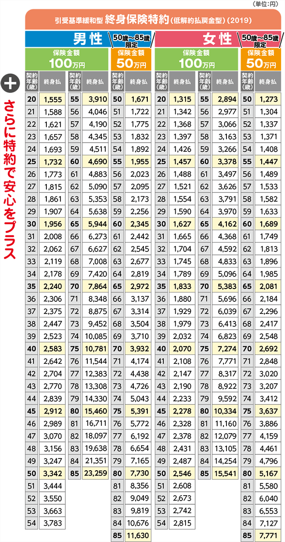 引受基準緩和型終身保険特約（低解約払戻金型）（2019）