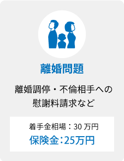 離婚問題 離婚調停・不倫相手への慰謝料請求など 着手金相場30万円 保険金25万円