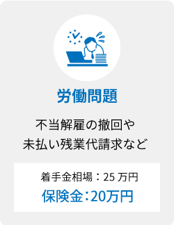 労働問題 不当解雇の撤回や未払い残業代請求など 着手金相場25万円 保険金20万円