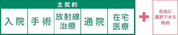 主契約(入院・手術・放射線治療・通院・在宅医療)+自由に選択できる特約