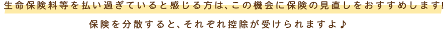 生命保険料等を払い過ぎていると感じる方は、この機会に保険の見直しをおすすめします！保険を分散すると、それぞれ控除が受けられますよ♪