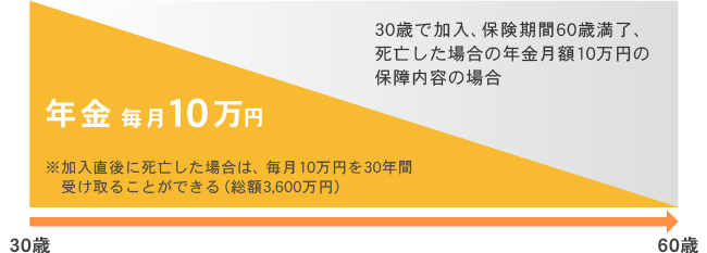 30歳で加入、保険期間60歳満了、死亡した場合の年金月額10万円の保障内容の場合、年金毎月10万円。※加入直後に死亡した場合は、毎月10万円を30年間受け取ることができる(総額3,600万円)。