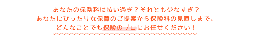 あなたの保険料は払い過ぎ？それとも少なすぎ？あなたにぴったりな保障のご提案から保険料の見直しまで、どんなことでも保険のプロにお任せください！