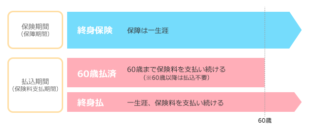 終身保険の払込期間（60歳払済と終身払の場合）の図