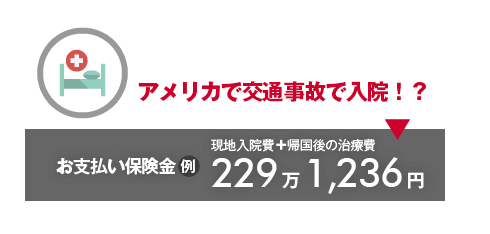 アメリカで交通事故で入院！？→お支払い保険金（例）現地入院費＋帰国後の治療費229万1,236円