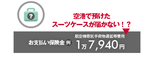 空港で預けたスーツケースが届かない！？→お支払い保険金（例）航空機寄託手荷物遅延等費用1万7,940円