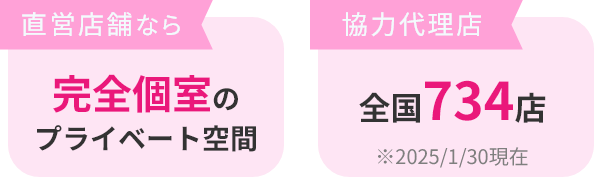 直営店舗なら完全個室のプライベート空間。協力代理店全国734店