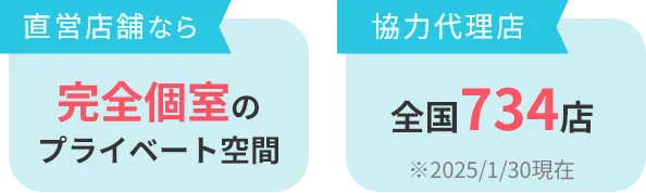 直営店舗なら完全個室のプライベート空間。協力代理店全国734店