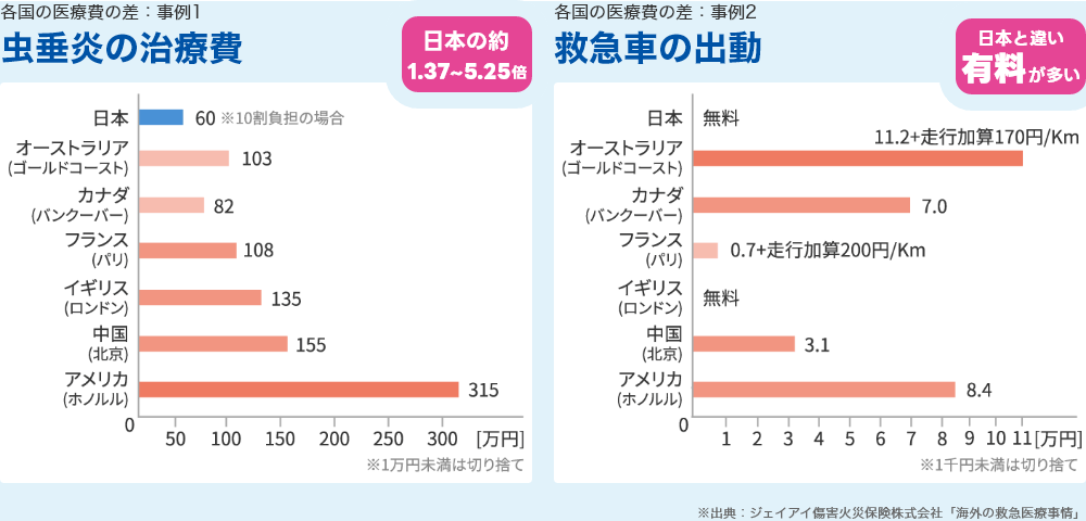 各国の医療費の差：事例1 虫垂炎の治療費 日本の約1.37～5.25倍。事例2 救急車の出動 日本と違い有料が多い